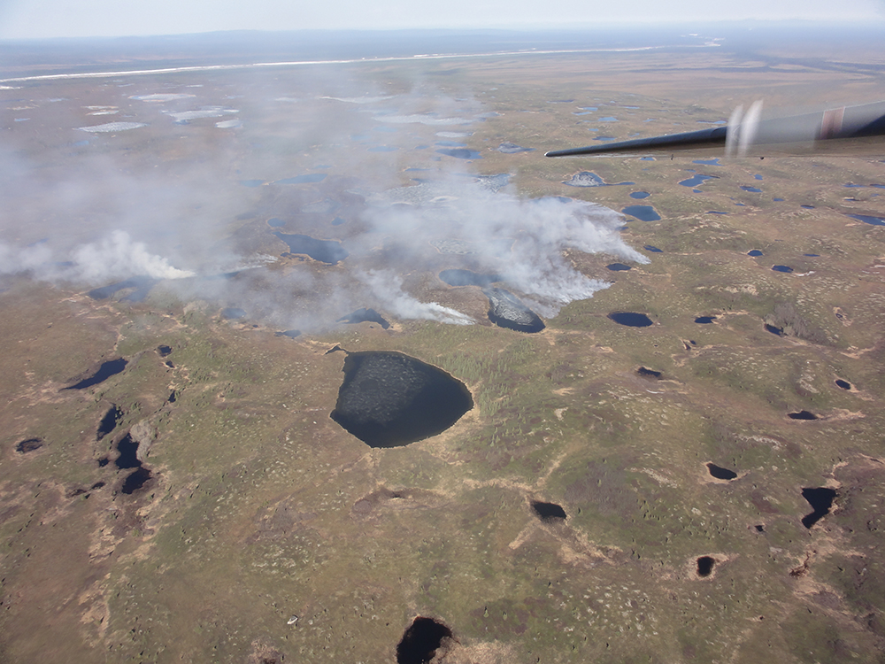 View from plane of the North Swift Fork fire burning in the very remote western section of Denali National Park. Alaska Fire Service. Photo credit: Will Hutto