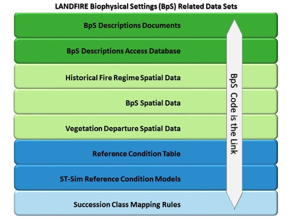 LANDFIRE BpS Related Data Sets: BpS Descriptions Documents, BpS Descriptions Access Database, Historical Fire Regime Spatial Data, BpS Spatial Data, Vegetation Departure Spatial Data, Reference Condition Table, ST-Sim Reference Condition Models, Succession Class Mapping Rules. BpS Code is the link.